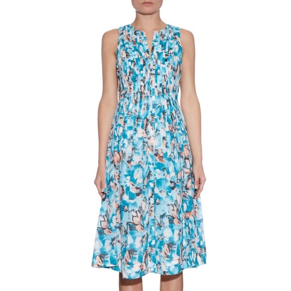 Rebecca Taylor Blue Aloha Print Pintuck Dress Size 4 Floral Pleated Below Knee - Picture 1 of 14